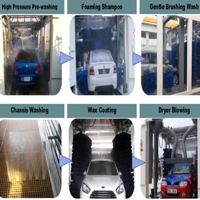 Lavatrice di auto a tunnel completamente automatica Lavatrice di auto ad alta pressione 10 spazzole Lavatrici di auto a rotazione Sistemi di controllo PLC Attrezzature automatiche di lavaggio auto