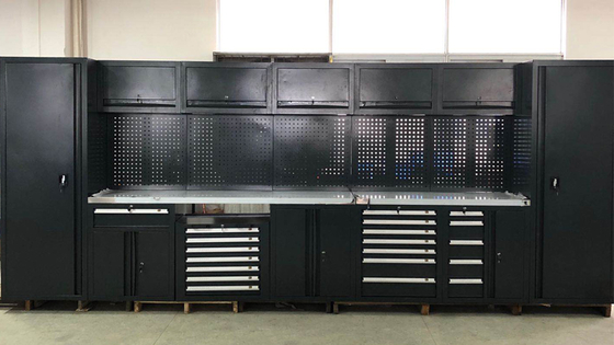 Grande banco da lavoro mobile nero per garage / per officina, armadio portautensili combinato in acciaio