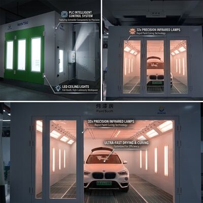 Cabina di verniciatura per auto con ventola turbo diesel, lampade a infrarossi da 32 pezzi, camera di verniciatura standard per carrozzeria, controllo PLC, componenti Schneider